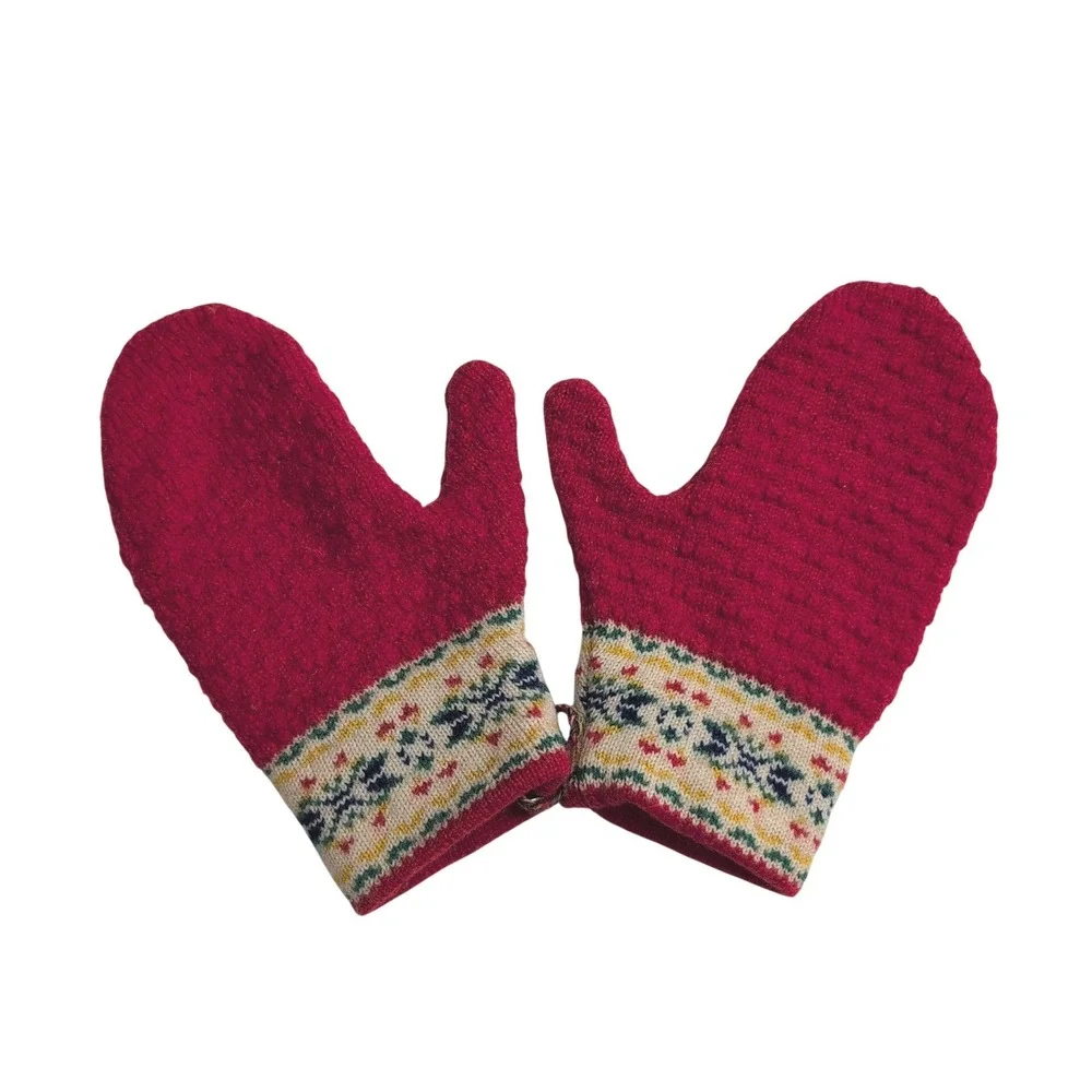 Handmade Red Wool Mittens‎ Fair Isle Patterned Cuff Nordic Winter Gloves Norway
